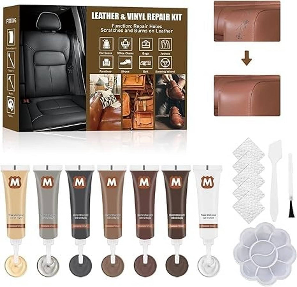 Leather and vinyl repair kit with multiple color balm tubes, scraper, patches, and tray