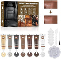 Leather and vinyl repair kit with multiple color balm tubes, scraper, patches, and tray