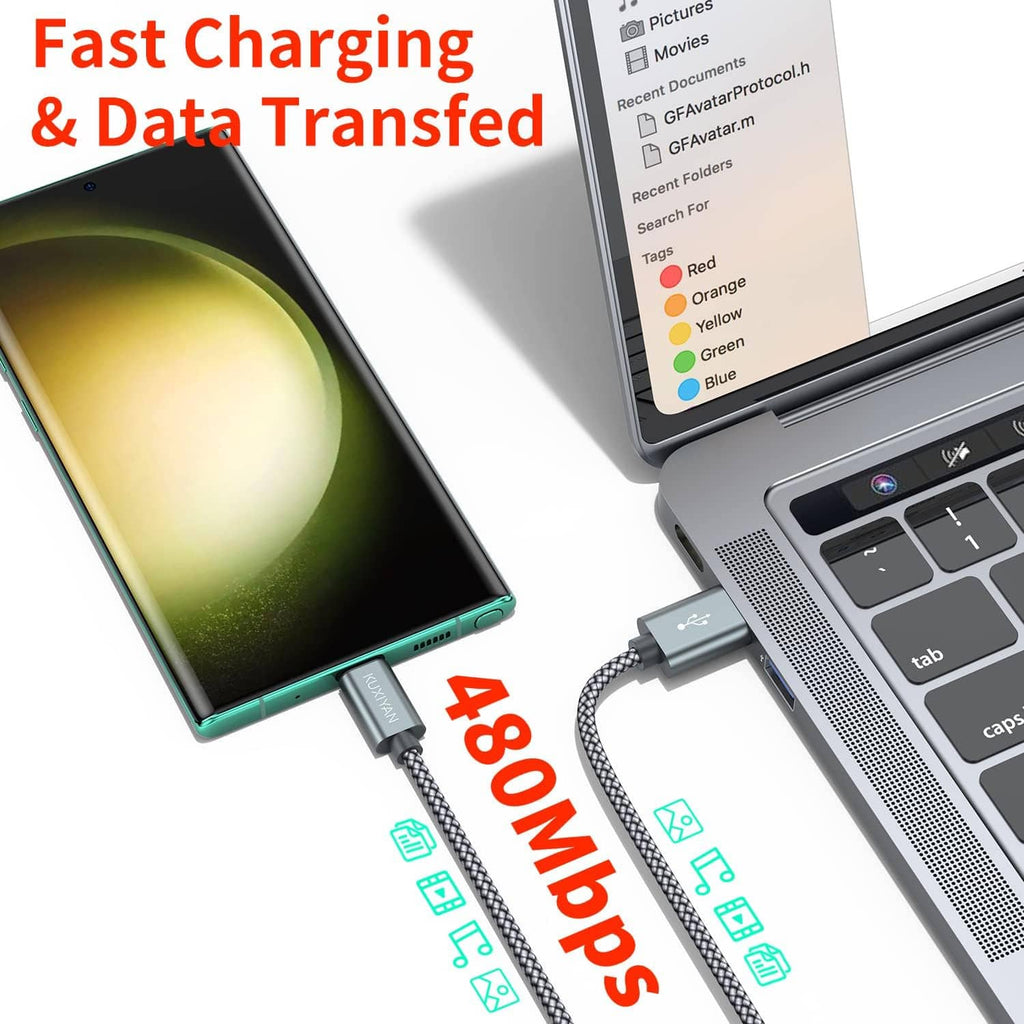 Fast charging and data USB-C cable with braided sleeve connected to a laptop