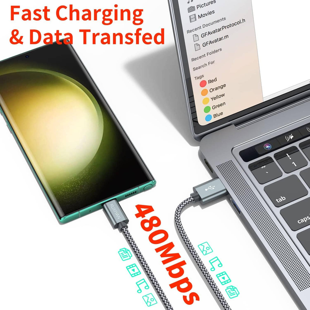 Fast charging and data USB-C cable with braided sleeve connected to a laptop