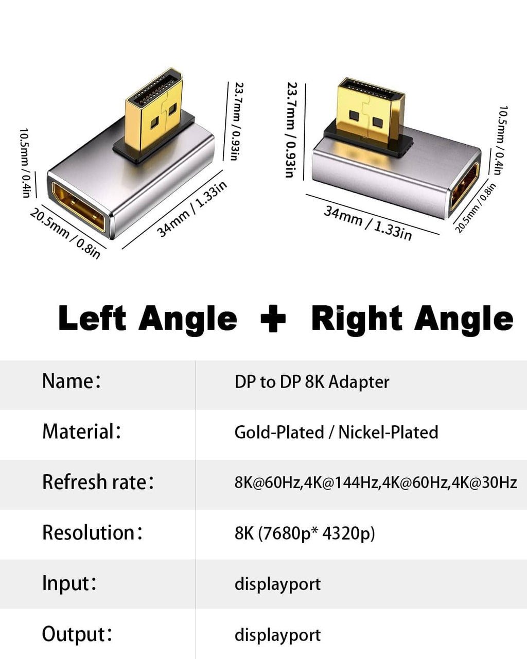 Left- and right-angle DisplayPort adapter extender, silver housing, gold-plated plugs