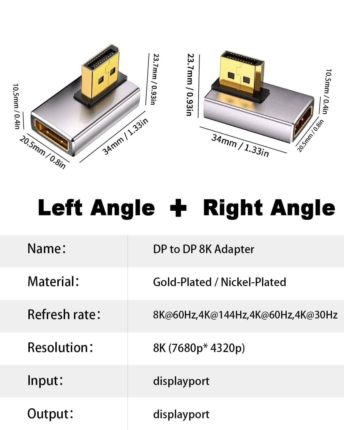 Left- and right-angle DisplayPort adapter extender, silver housing, gold-plated plugs
