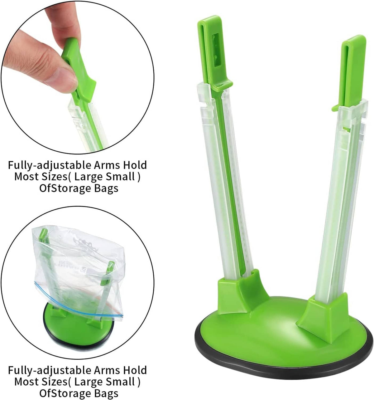 Adjustable freezer bag holder rack with hand shown adjusting the clear arms