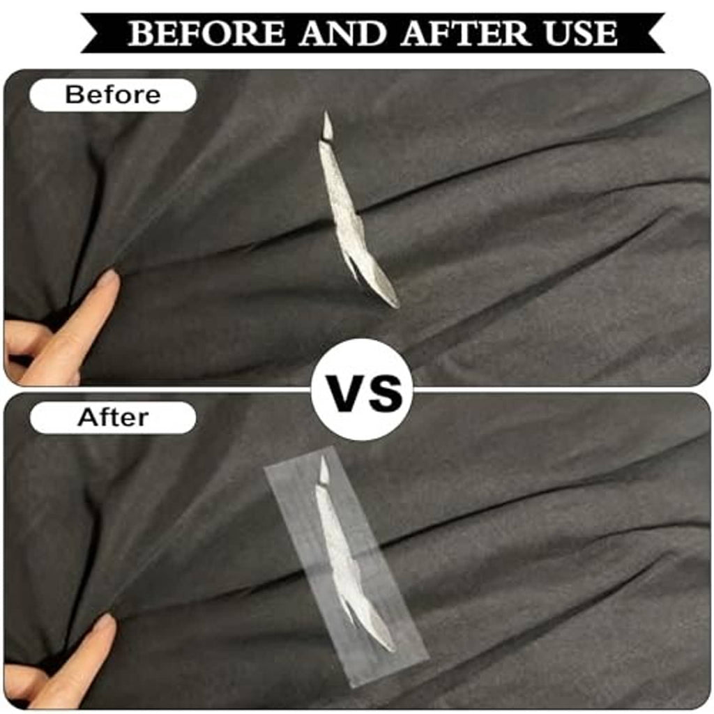Clear repair tape being applied to a dark tarp fabric, before-and-after