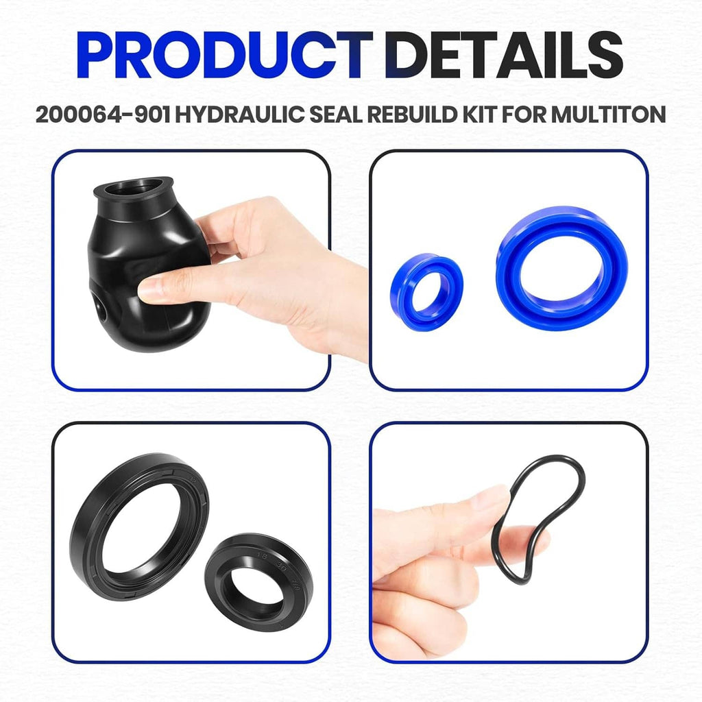 Hydraulic seal rebuild kit product details with hand holding black seal housing