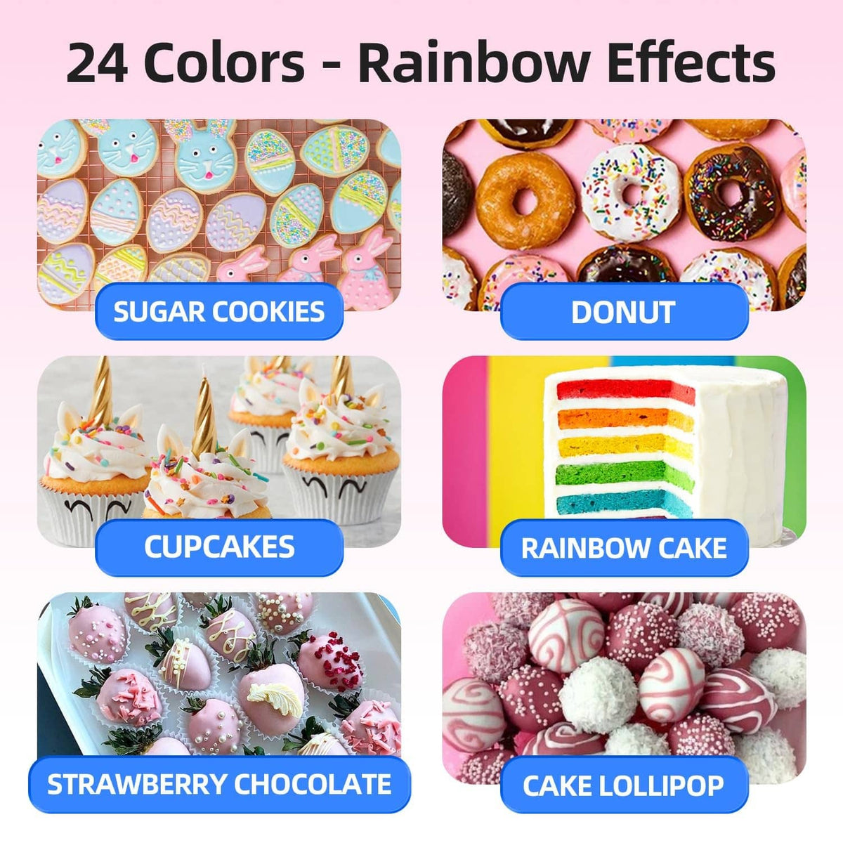 Oil-based food coloring set with capped droppers beside rainbow-themed baked goods