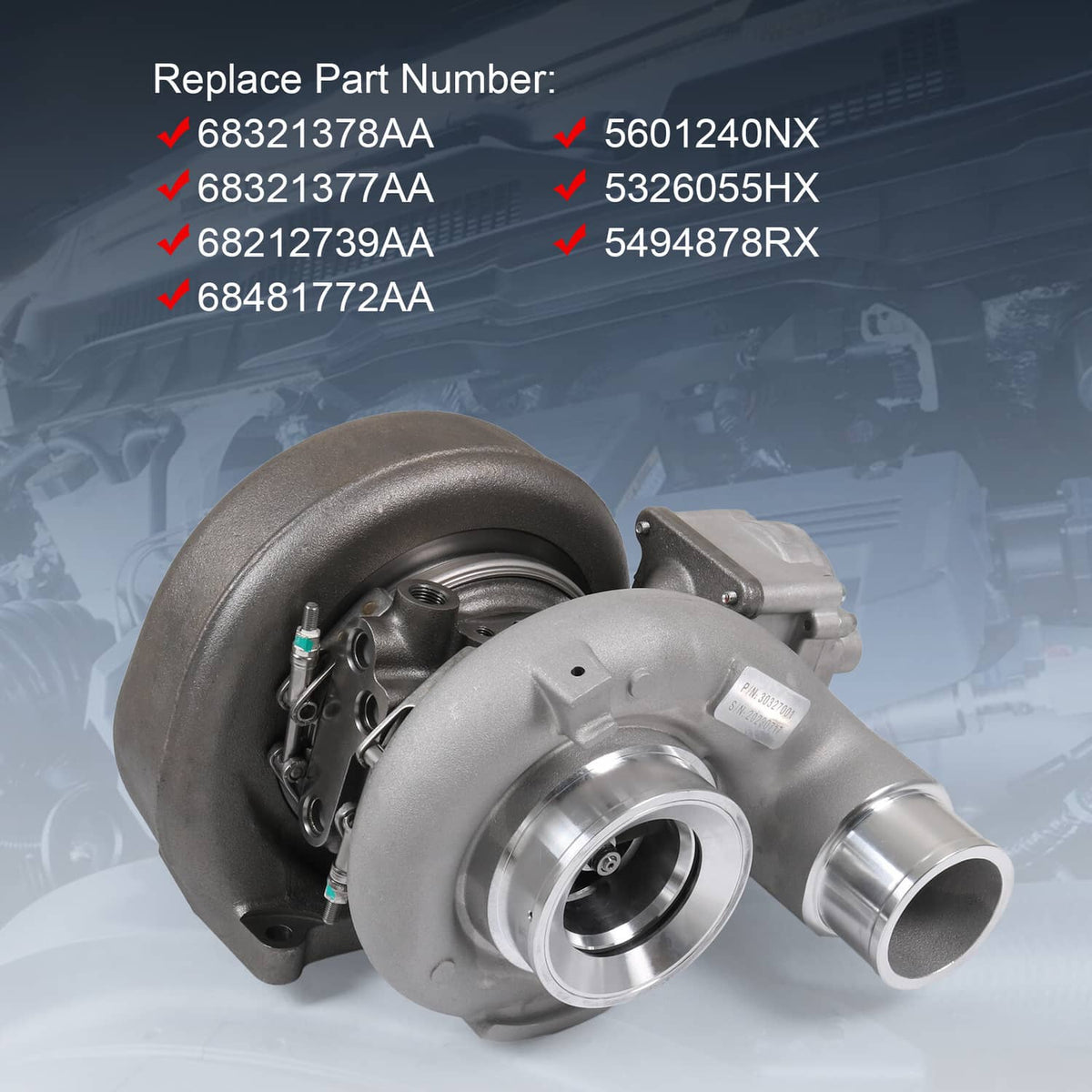 Turbocharger angled view with silver compressor inlet and dark turbine housing