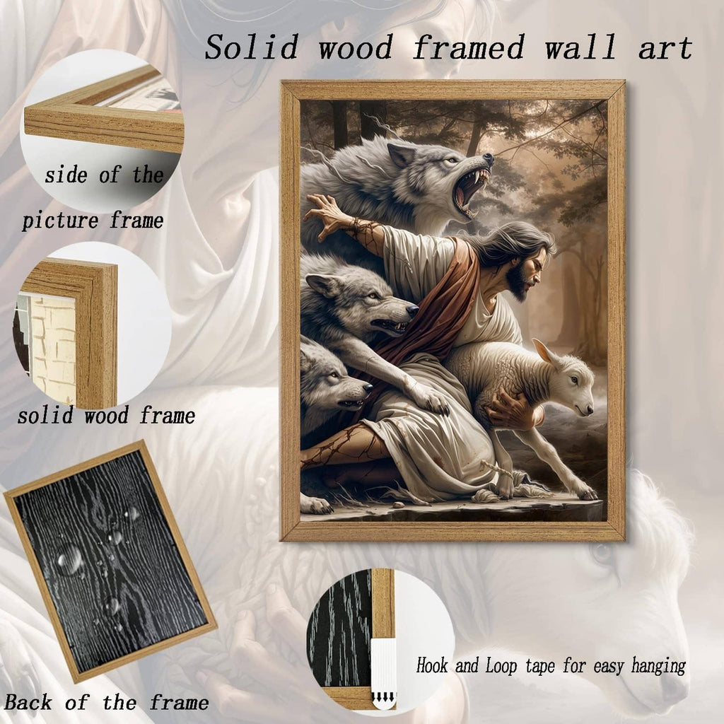 Framed Jesus and lamb canvas wall art with solid wood frame, hook-and-loop tabs shown