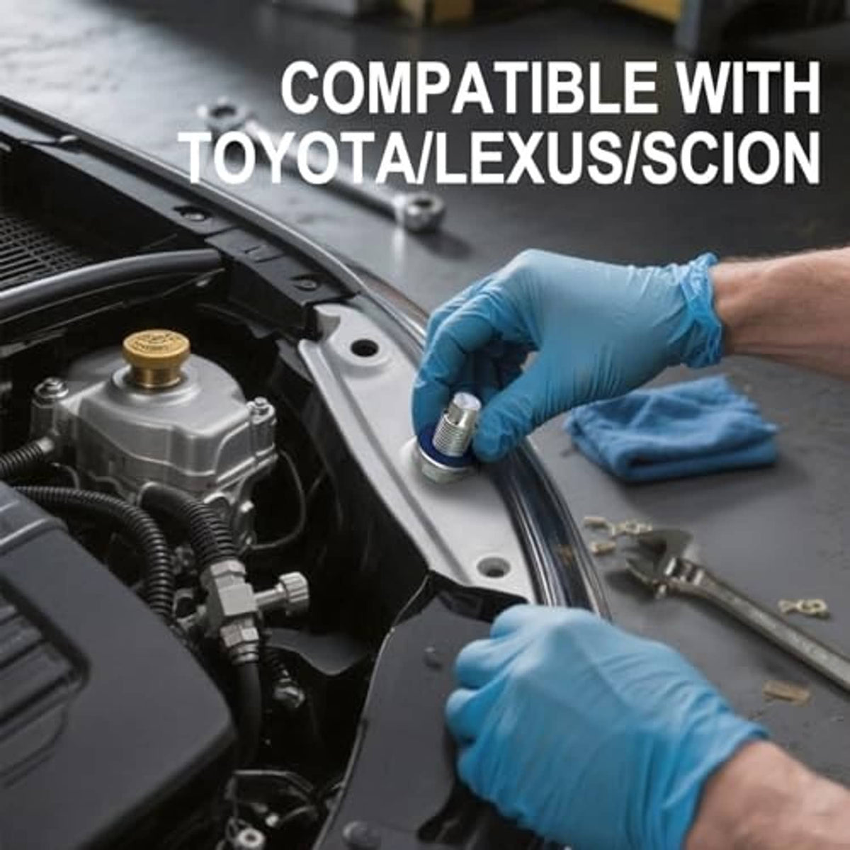 Technician’s gloved hands installing an oil drain plug with gasket in engine bay