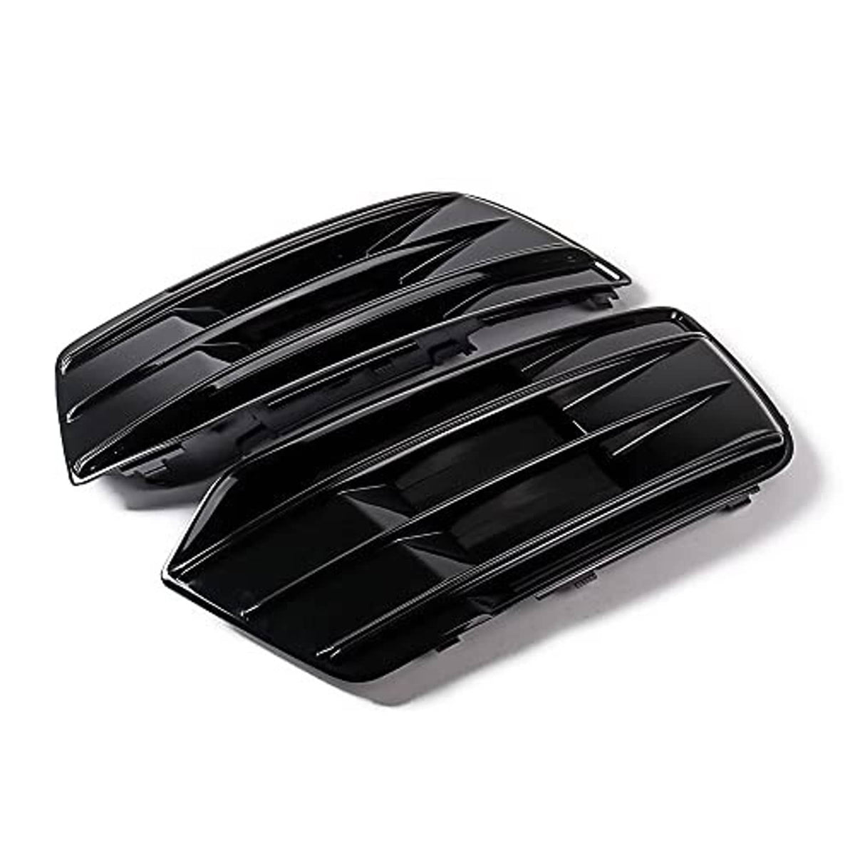 Glossy black grille inserts set with layered horizontal slats and mounting tabs, 2 pieces