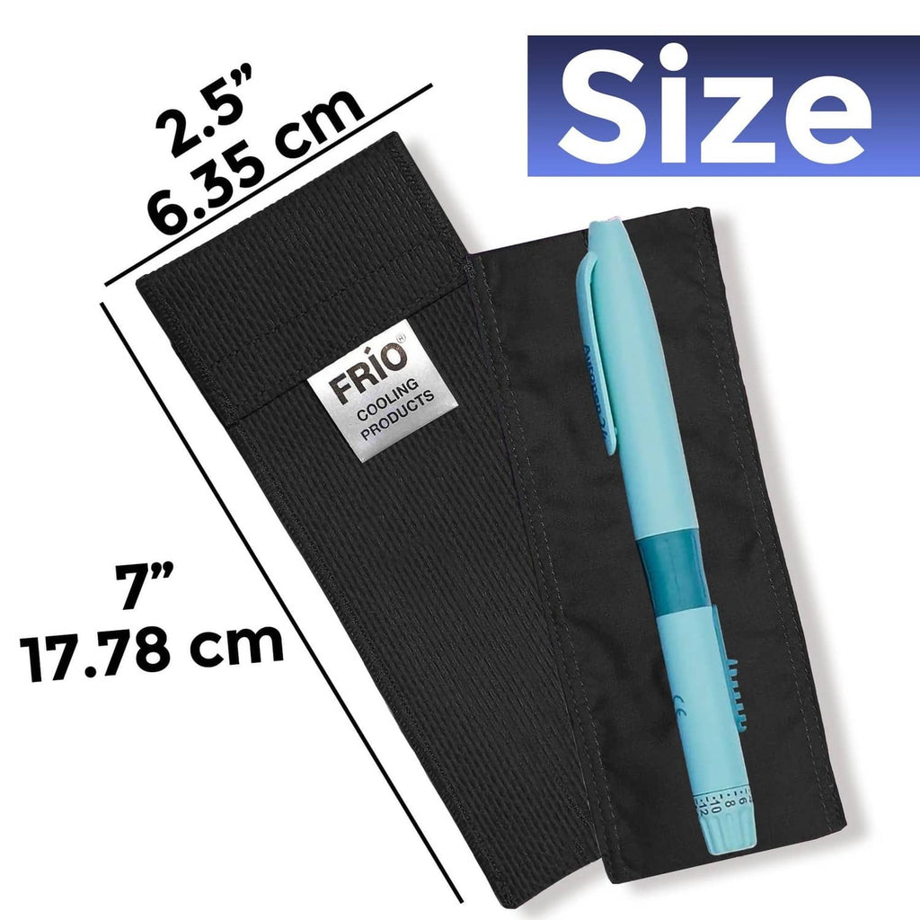 Black FRIO cooling wallet sleeve holding a blue pen; size label 7 in