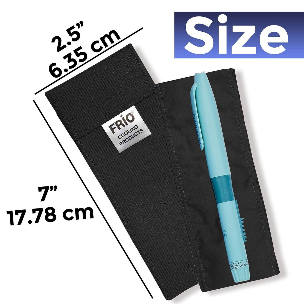 Black FRIO cooling wallet sleeve holding a blue pen; size label 7 in