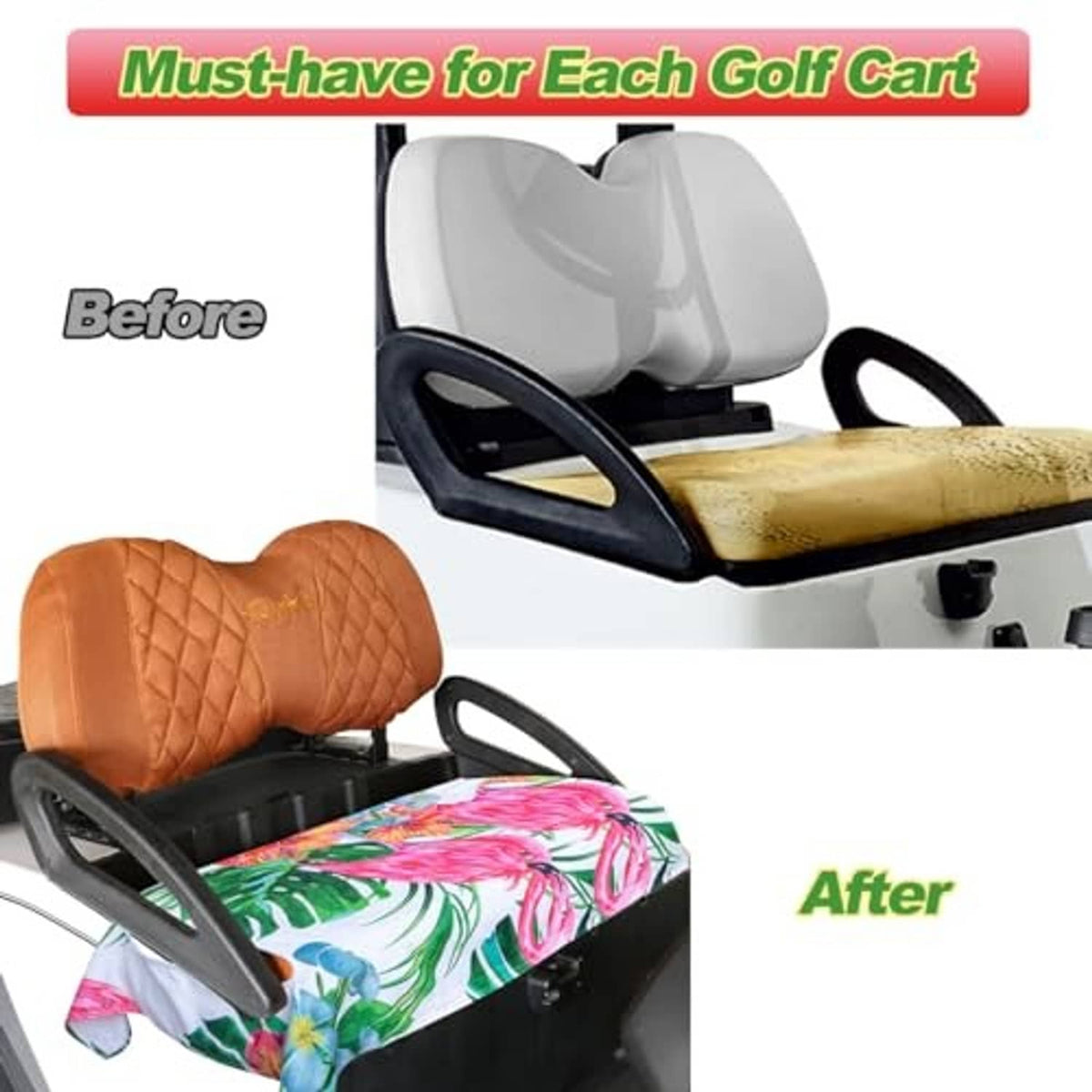 Golf cart bench seat with flamingo tropical print seat cover after replacement