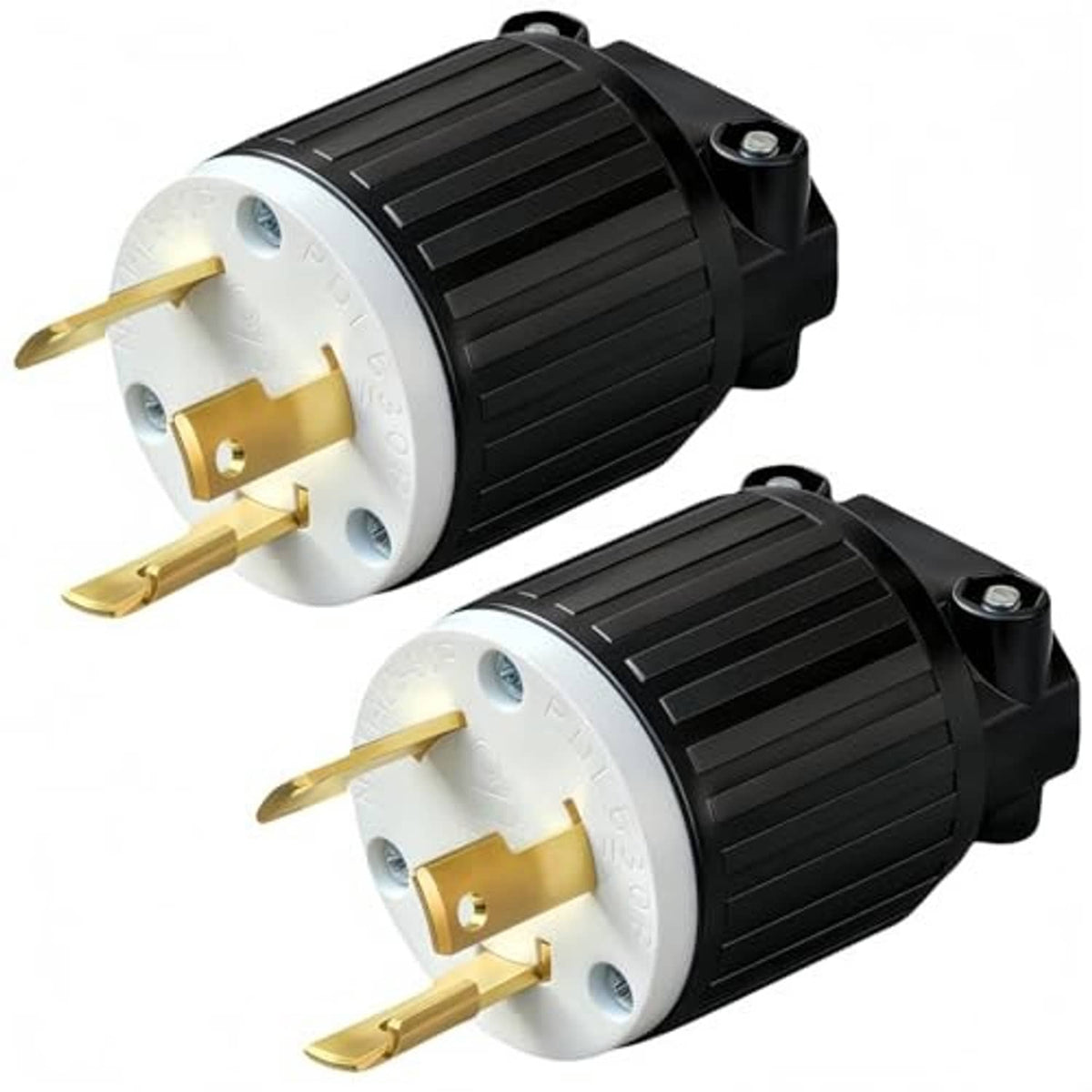 NEMA L5-30P locking plug pair with white insulators and gold prongs on black bodies