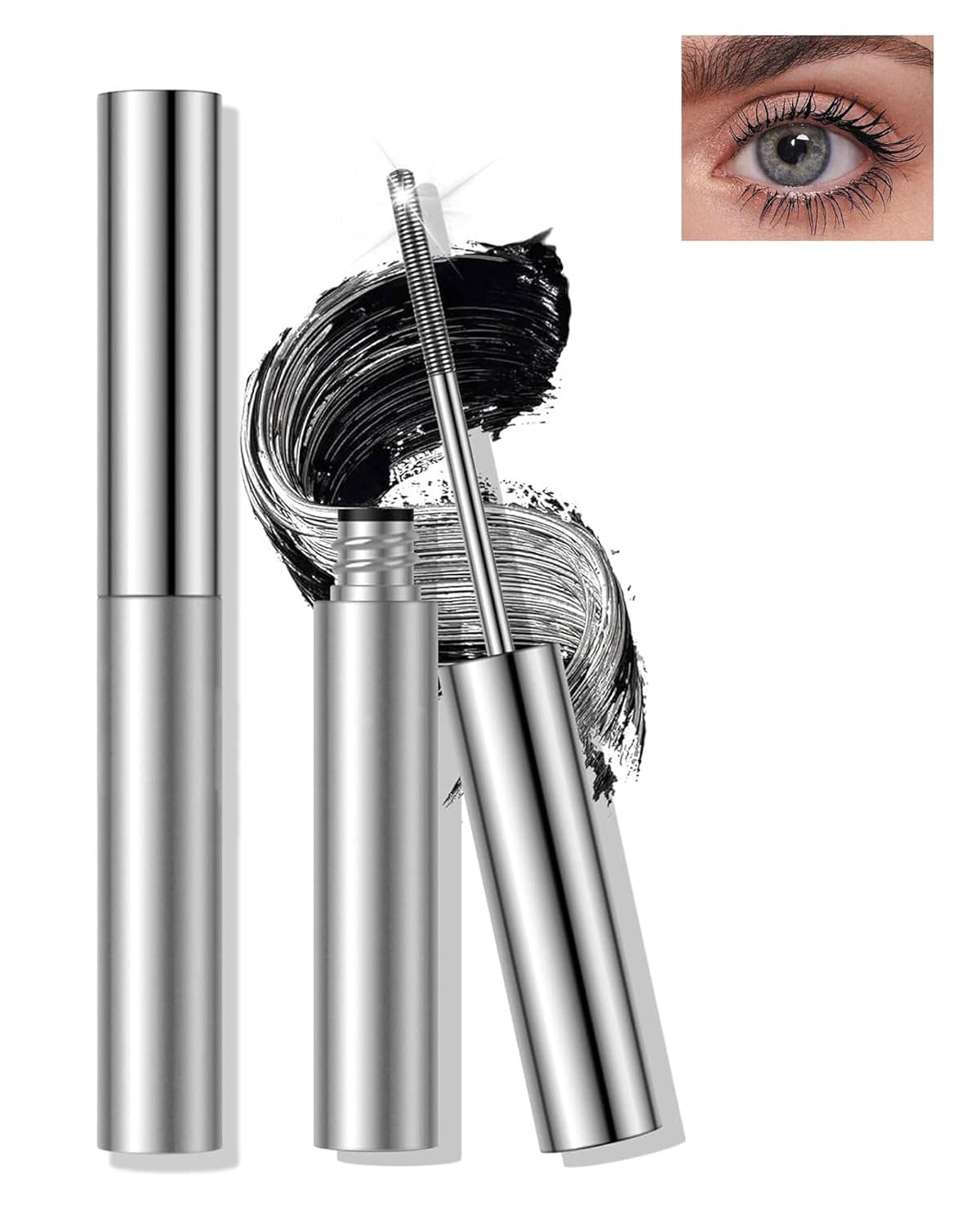 Black waterproof mascara in metallic silver tube with visible wand and brush bristles