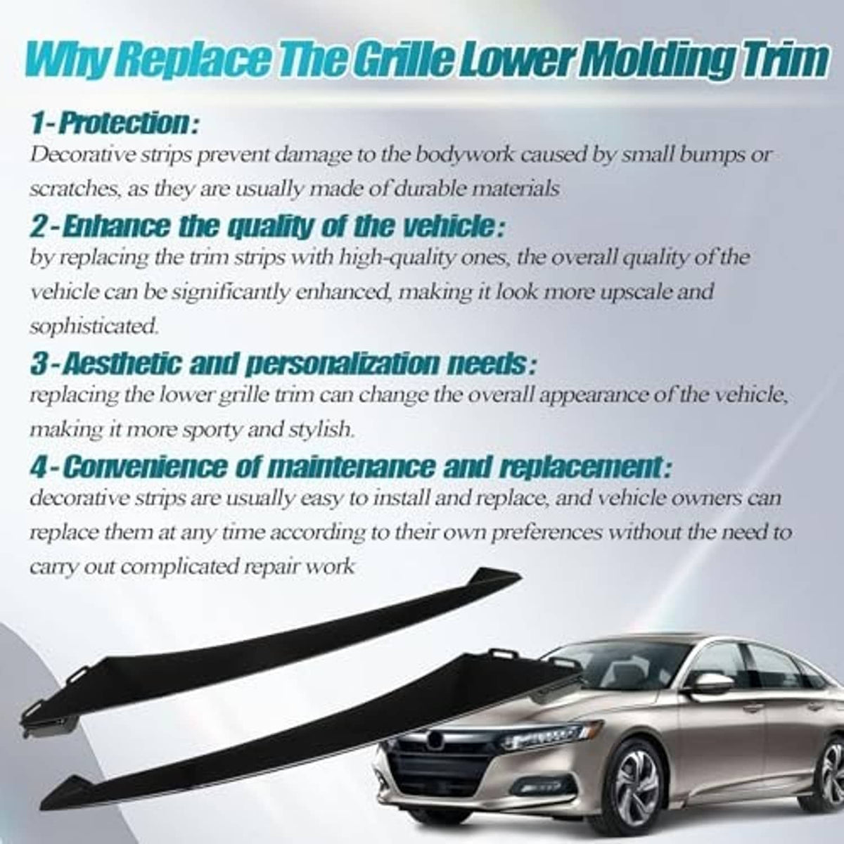 Black lower grille molding trim pair with mounting tabs and clips