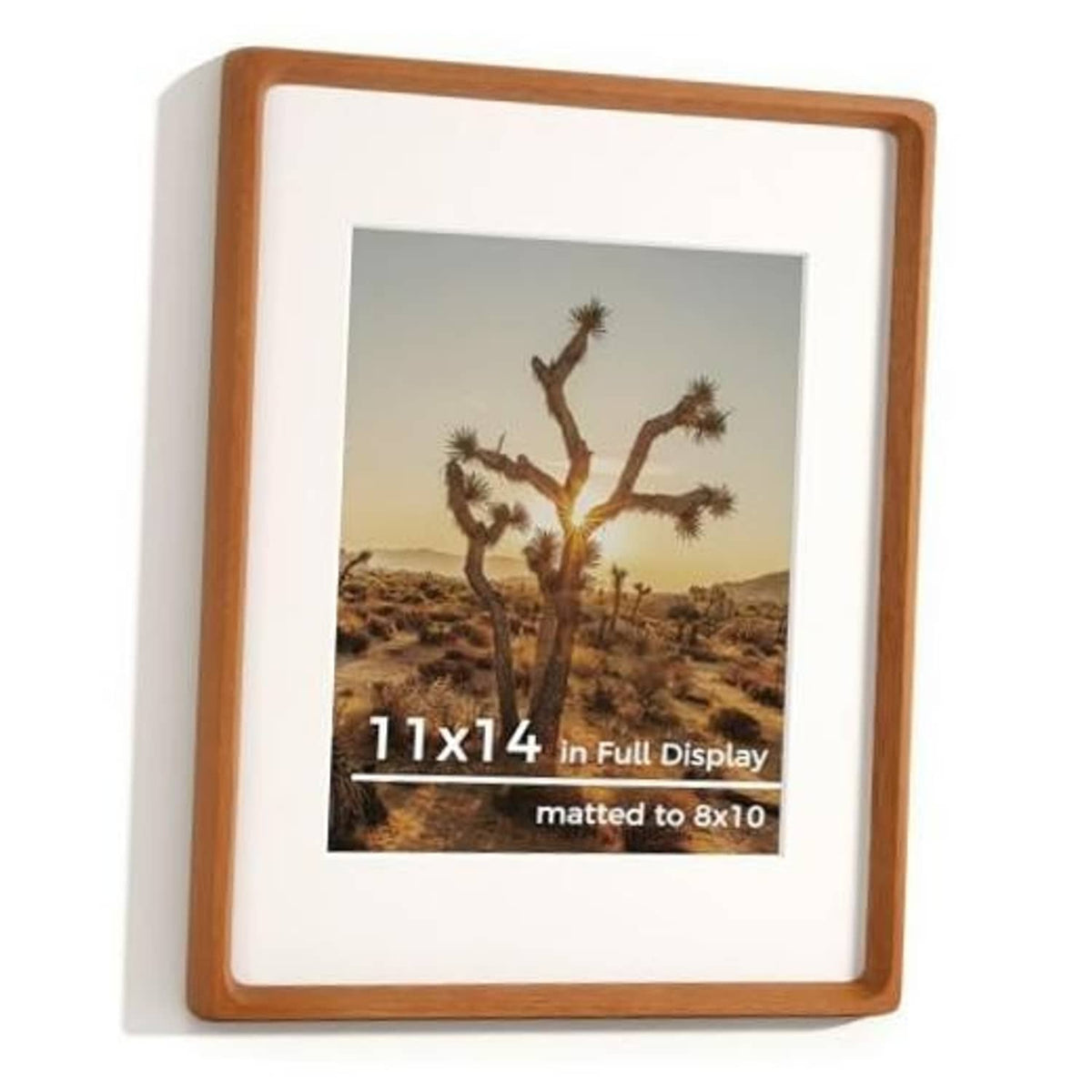 11x14 solid wood photo frame with natural teak finish, clear front window, white mat backing