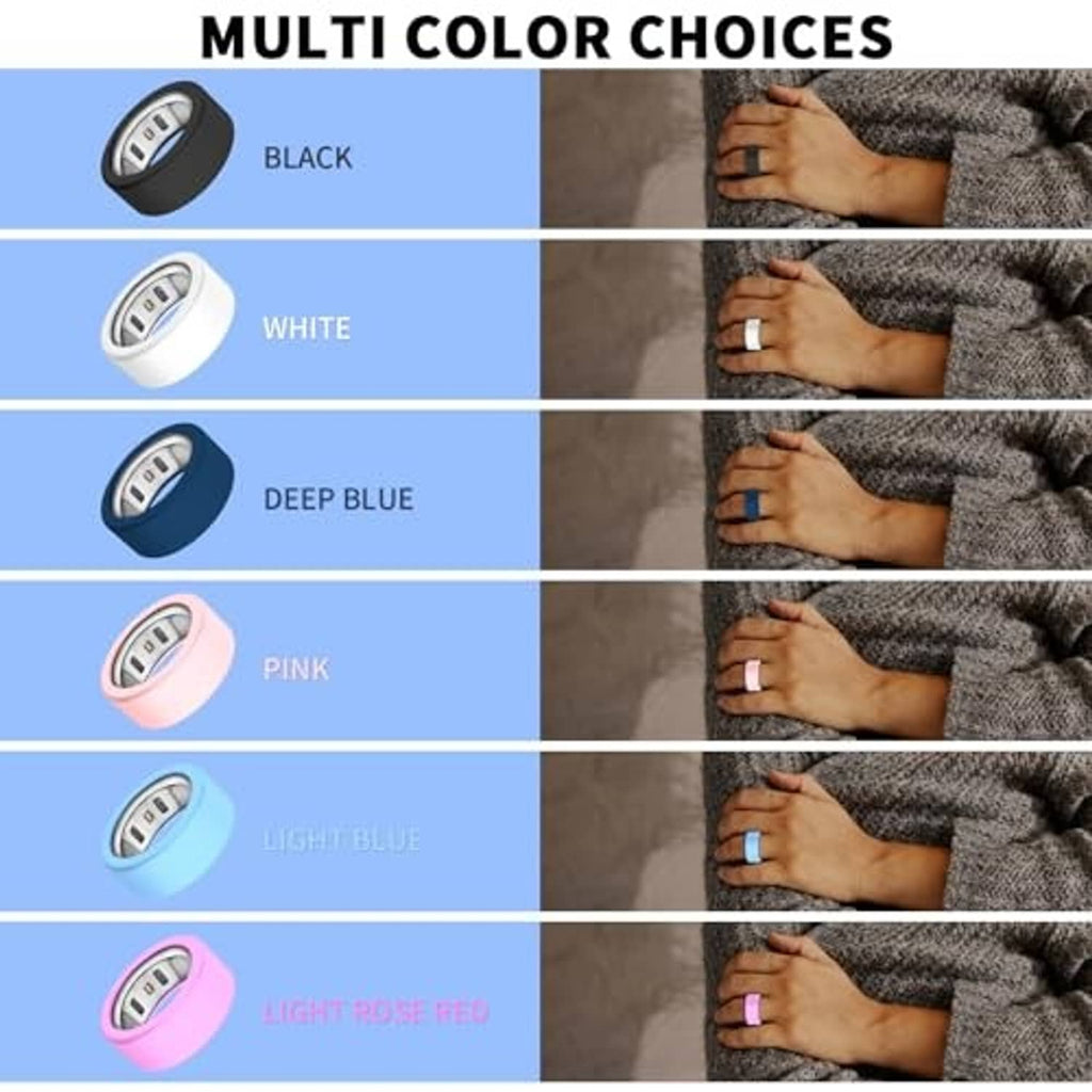 Color options for silicone smart ring covers: black, white, deep blue, pink, and light rose