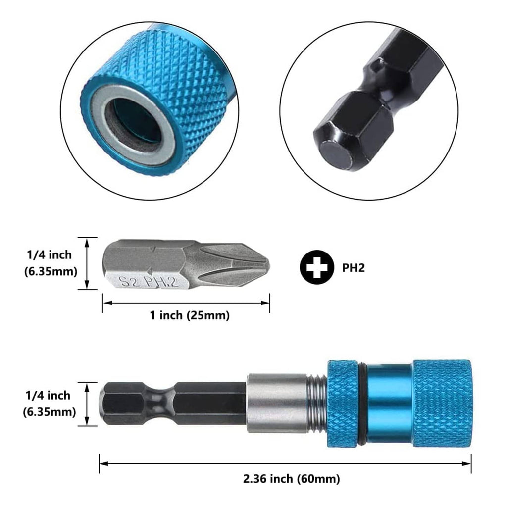 Blue 60mm drywall bit holder with PH2 screw bit and textured grip sleeve.
