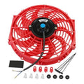 Red 12-inch electric radiator fan with wiring harness and included mounting clips
