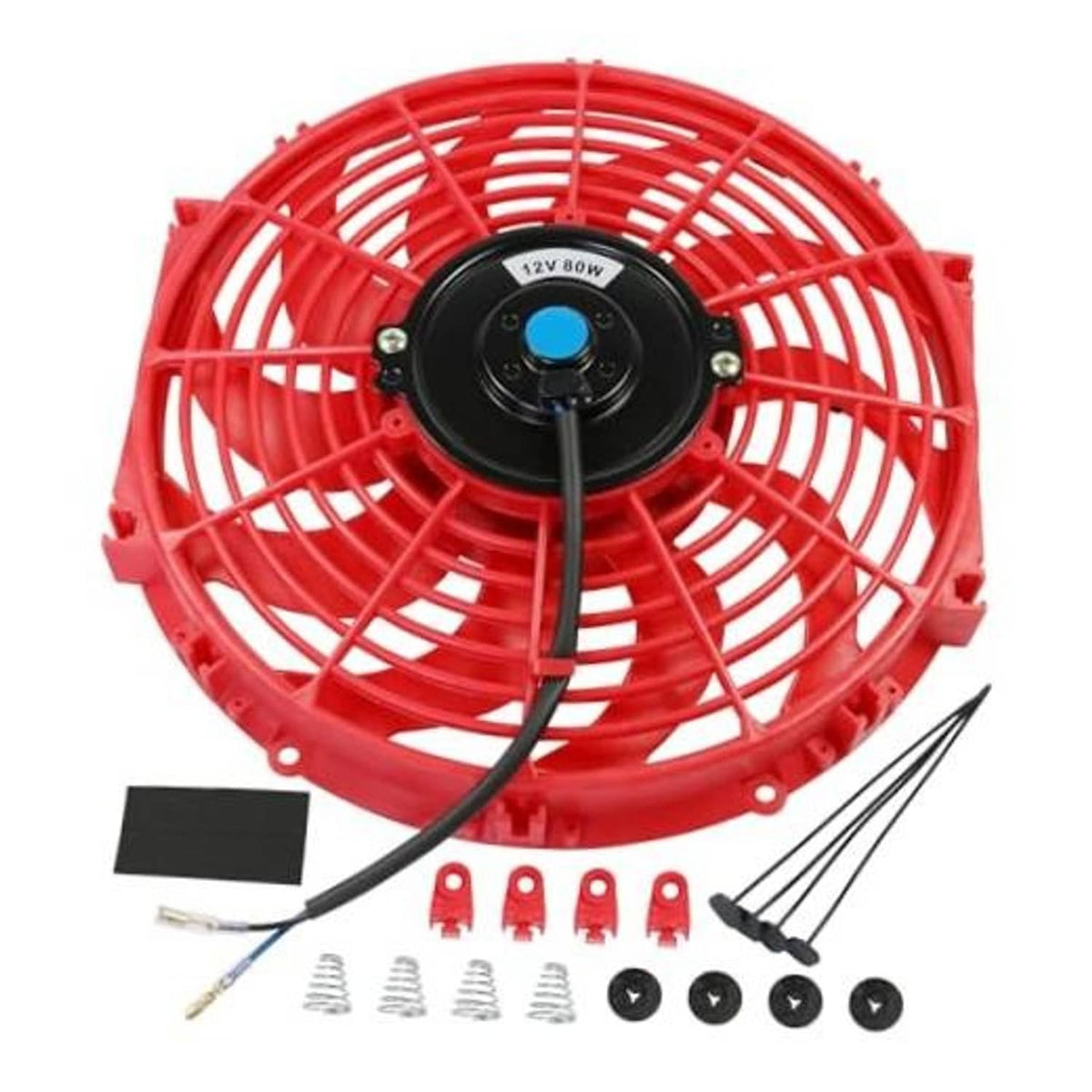 Red 12-inch electric radiator fan with wiring harness and included mounting clips
