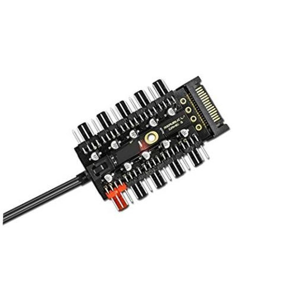 Black PC PWM fan hub PCB with SATA power cable and multiple 4-pin headers