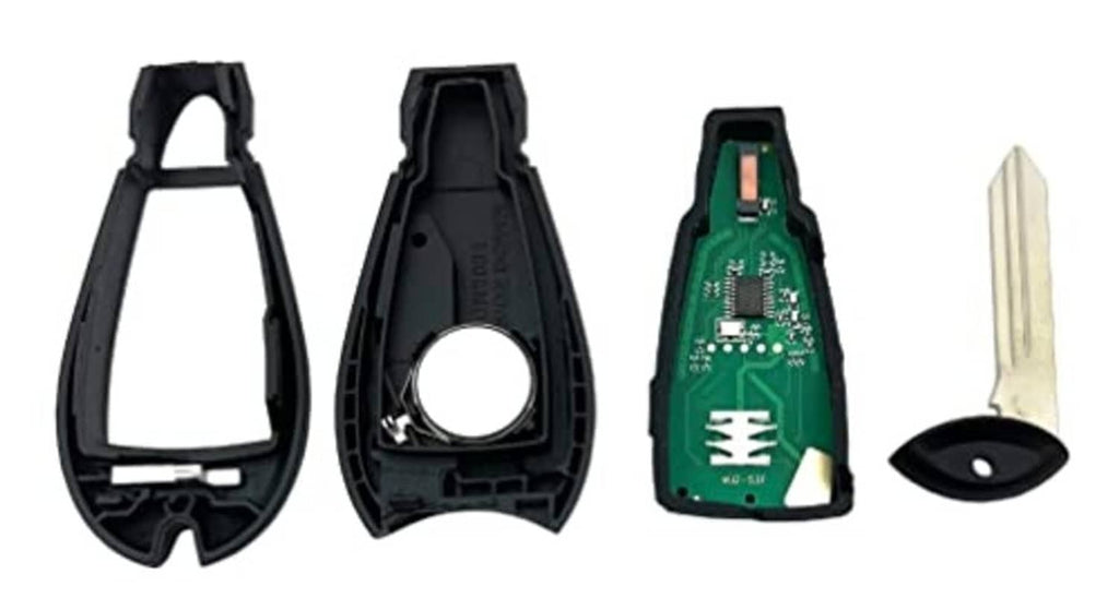 Replacement key fob parts kit: black housings, green circuit board, and key blade