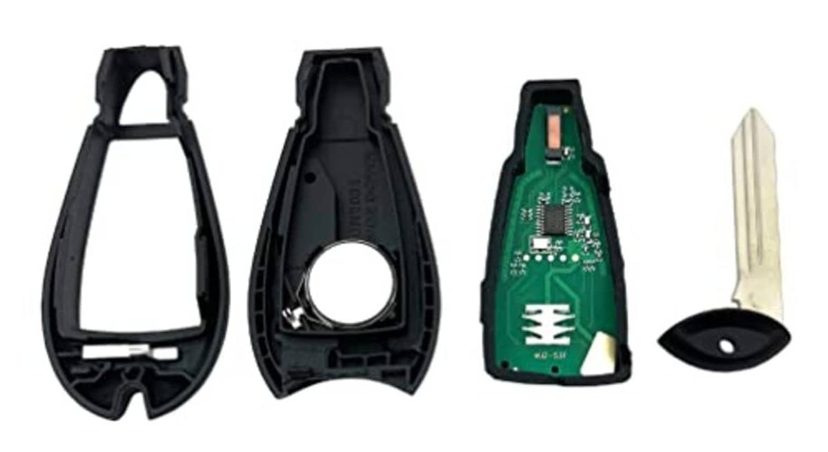 Replacement key fob parts kit: black housings, green circuit board, and key blade