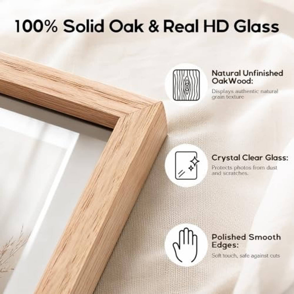 Solid oak photo frame with clear glass and smooth polished edges, wood grain detail