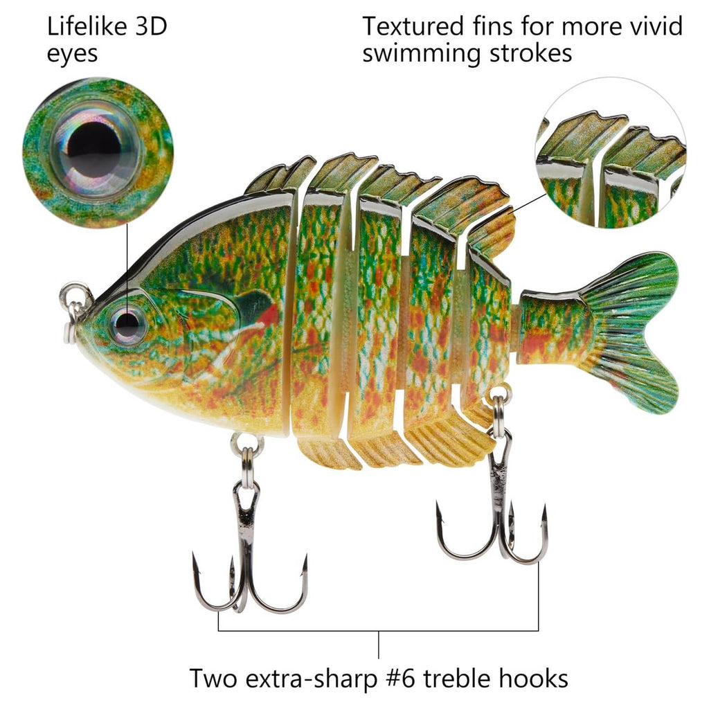 Green and orange multi-jointed fishing lure with detailed fins, eye, and treble hook pairs