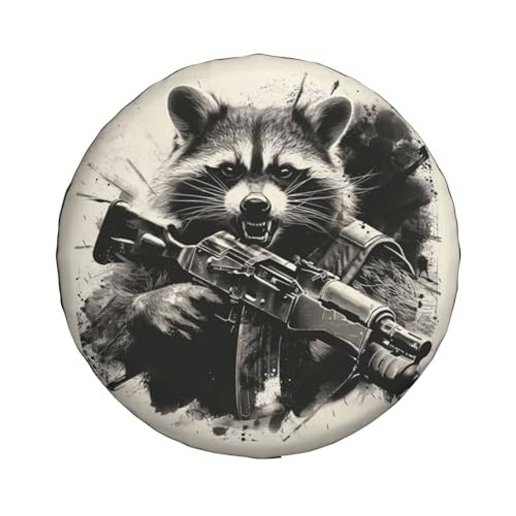 Raccoon spare tire cover with gun graphic, round black-and-white design