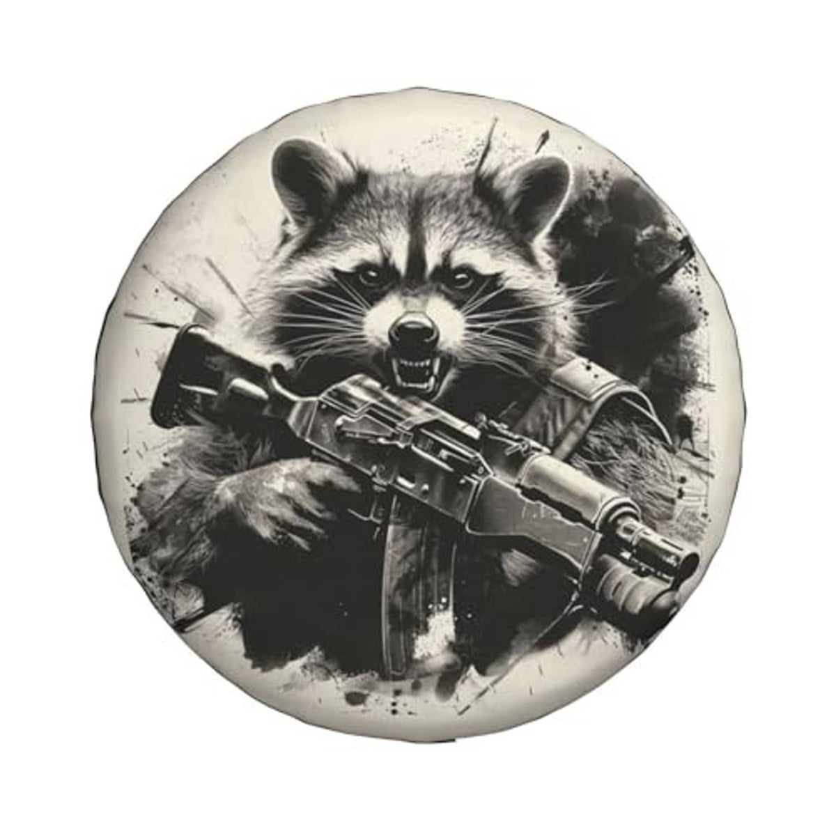 Raccoon spare tire cover with gun graphic, round black-and-white design