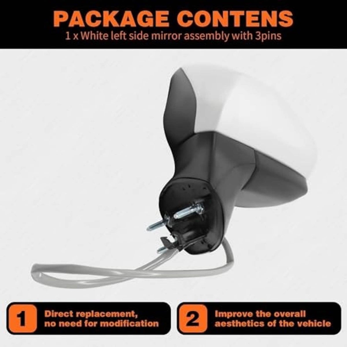 White left side mirror assembly with 3-pin connector and black housing