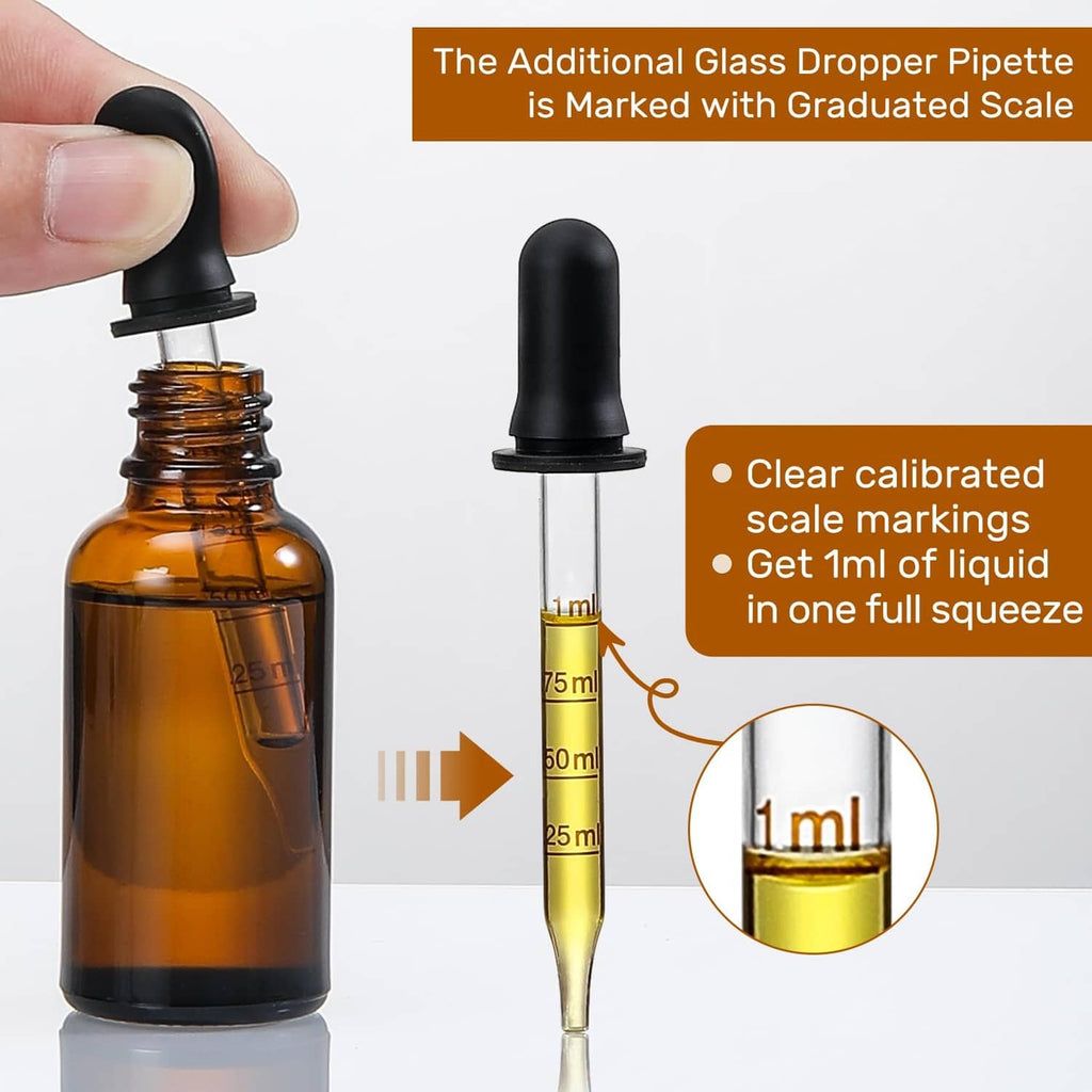 Amber dropper bottle with marked glass pipette and black cap showing graduated scale