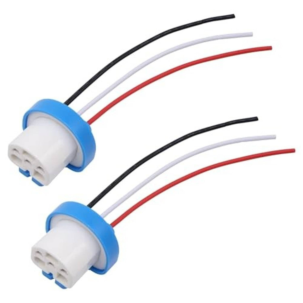 Male wire harness extension with two white connectors, blue collars, and black/white/red wire leads