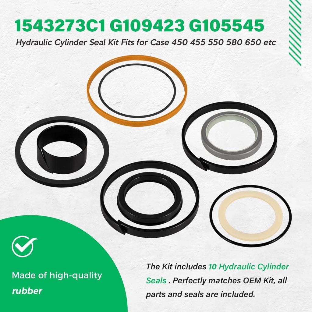Hydraulic cylinder seal kit with five O-rings in black, gray, cream and orange
