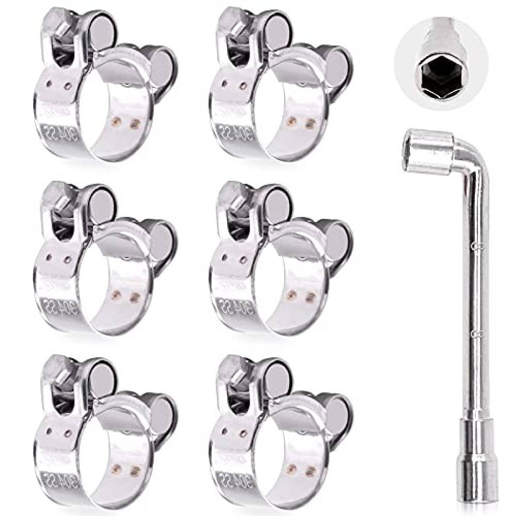 Stainless steel T-bolt hose clamps with L-shaped tightening tool and hex nut