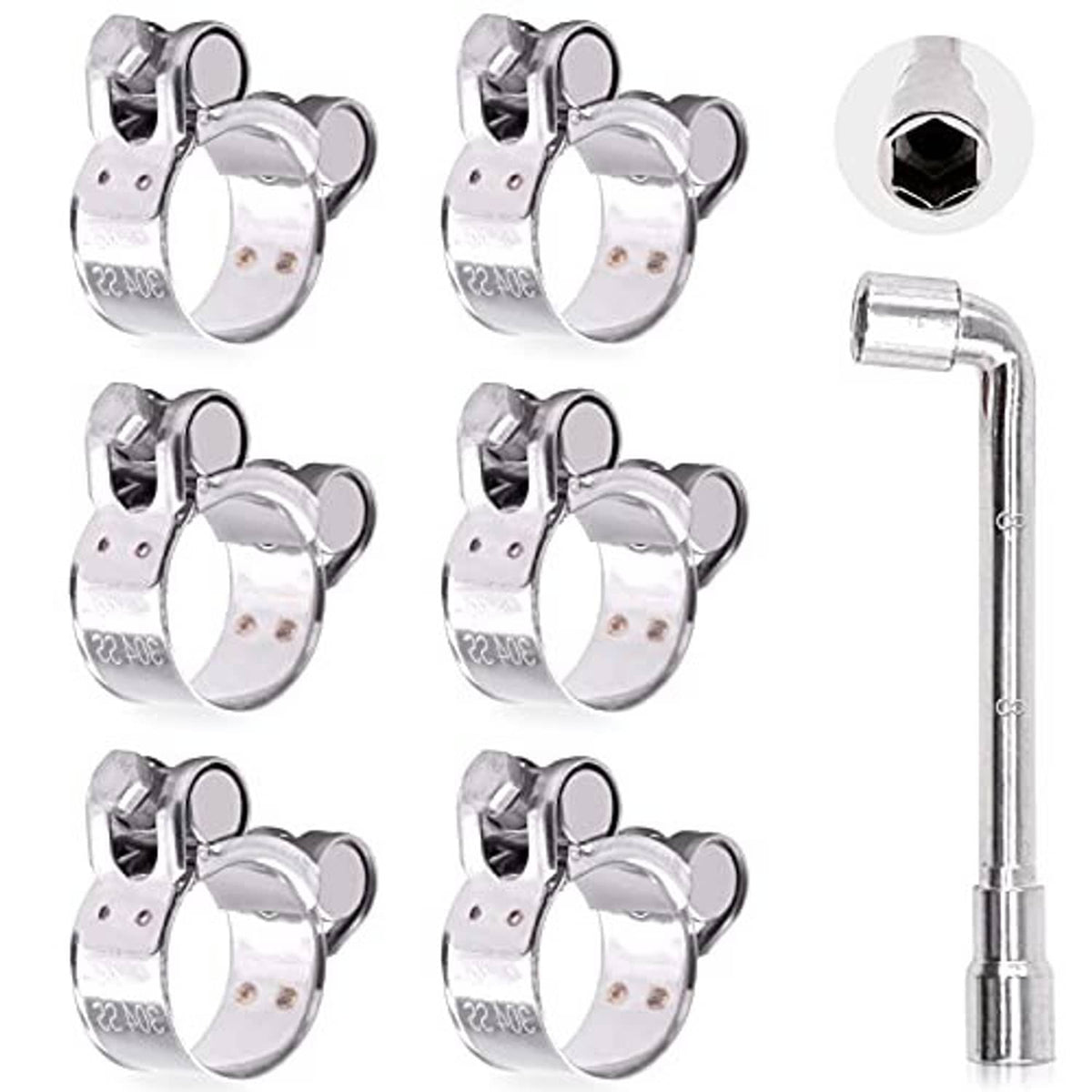 Stainless steel T-bolt hose clamps with L-shaped tightening tool and hex nut