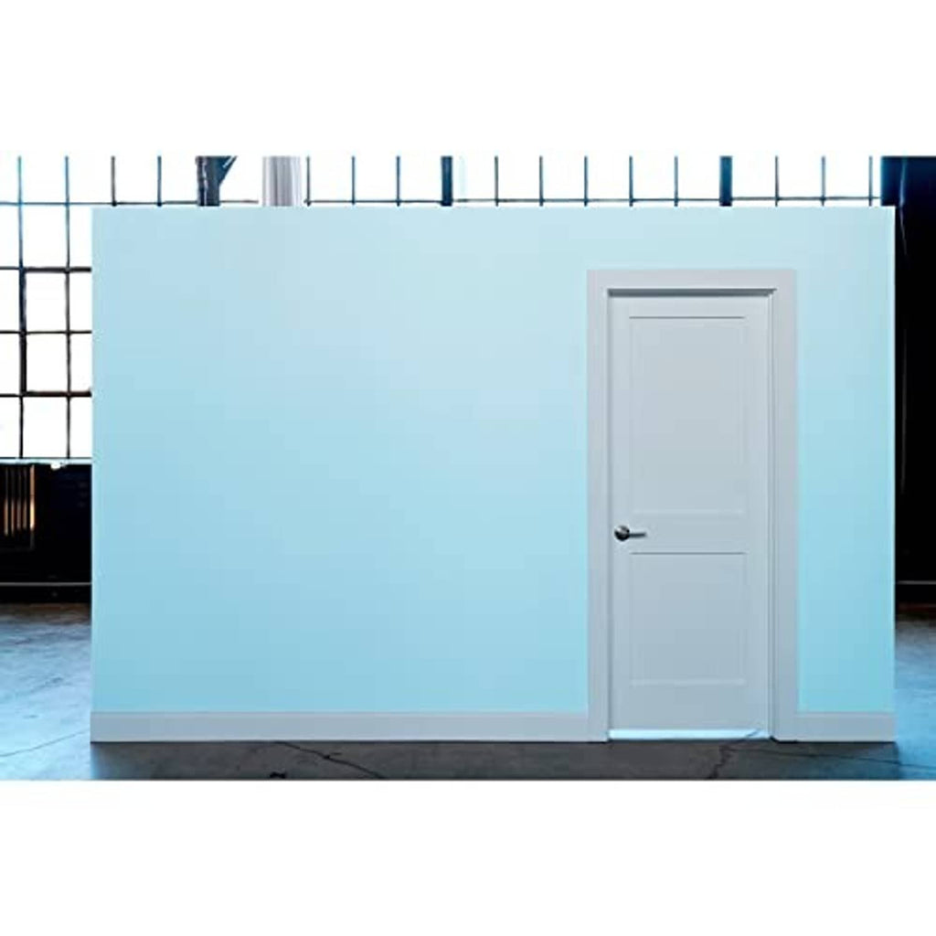 Blue painter's tape masking lines along a painted wall and door