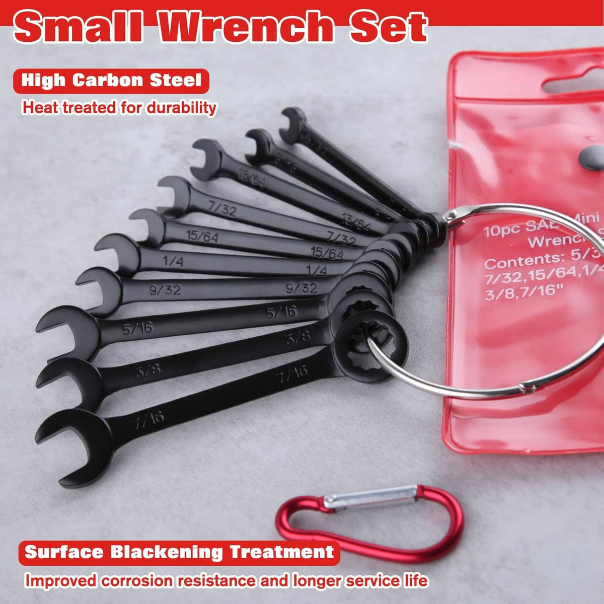 Black mini wrench set with keyring, stored in red plastic blister
