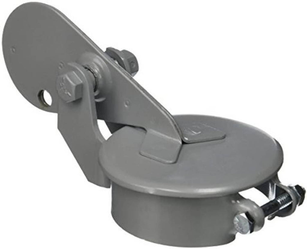 Gray exhaust pipe rain cap with mounting bracket and clamp screws