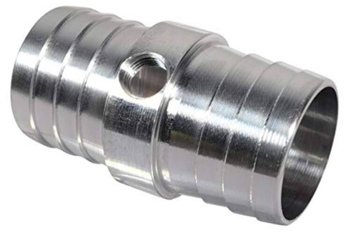 Radiator hose barb coupler with 1/8" NPT port, chrome metal dual-barb steam adapter