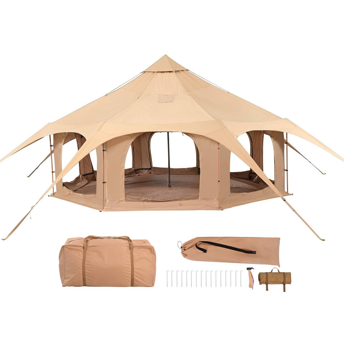 Beige canvas bell tent with open front, stove jack, and included accessories
