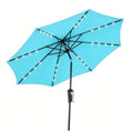 Turquoise patio solar umbrella with LED string lights, black ribs, and central pole