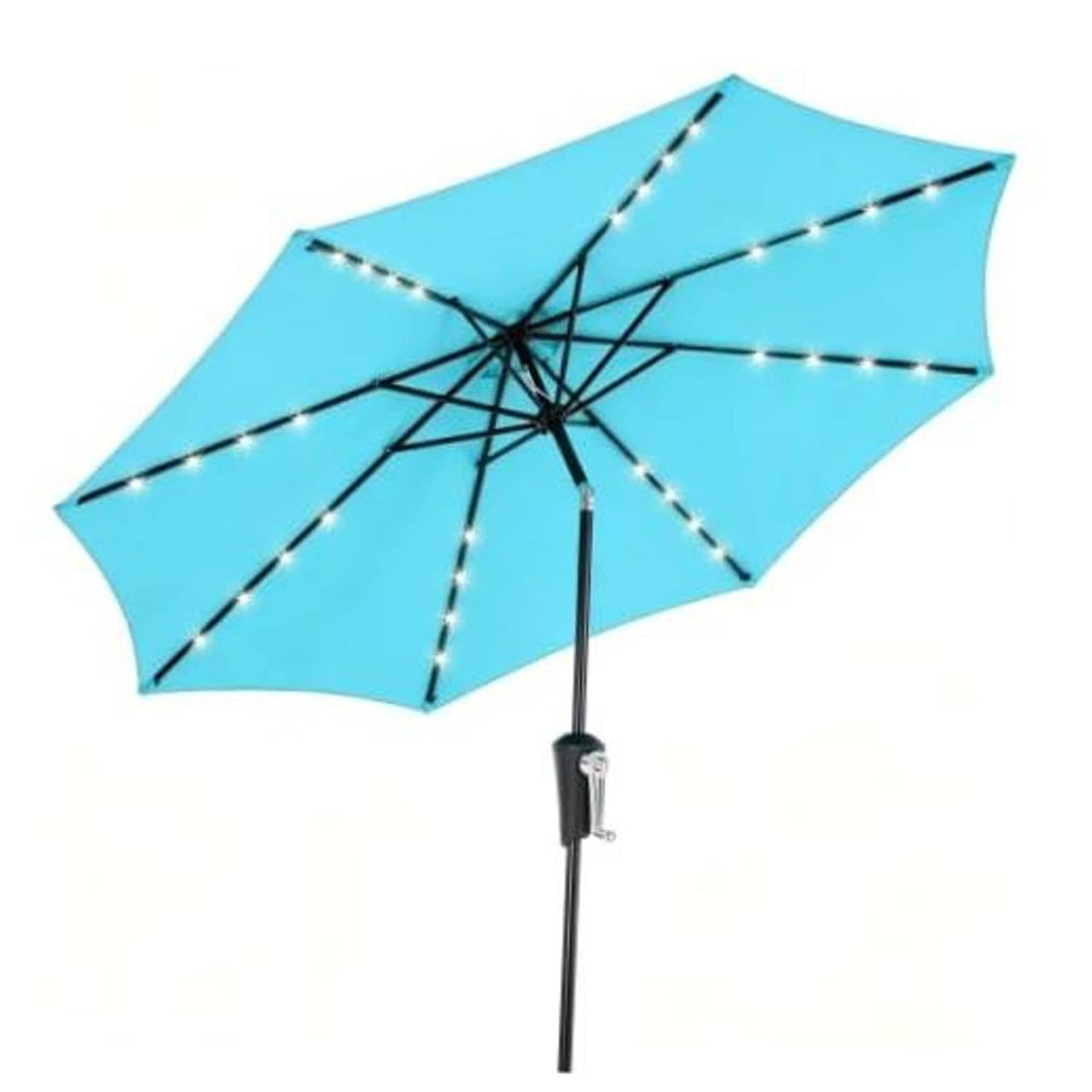 Turquoise patio solar umbrella with LED string lights, black ribs, and central pole