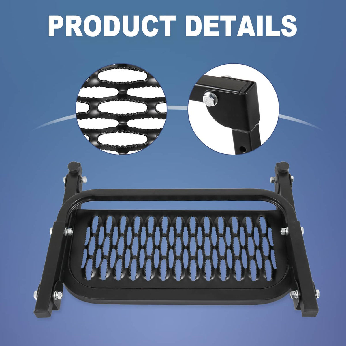 Black tire step detail with ribbed anti-slip tread and metal side mounting brackets