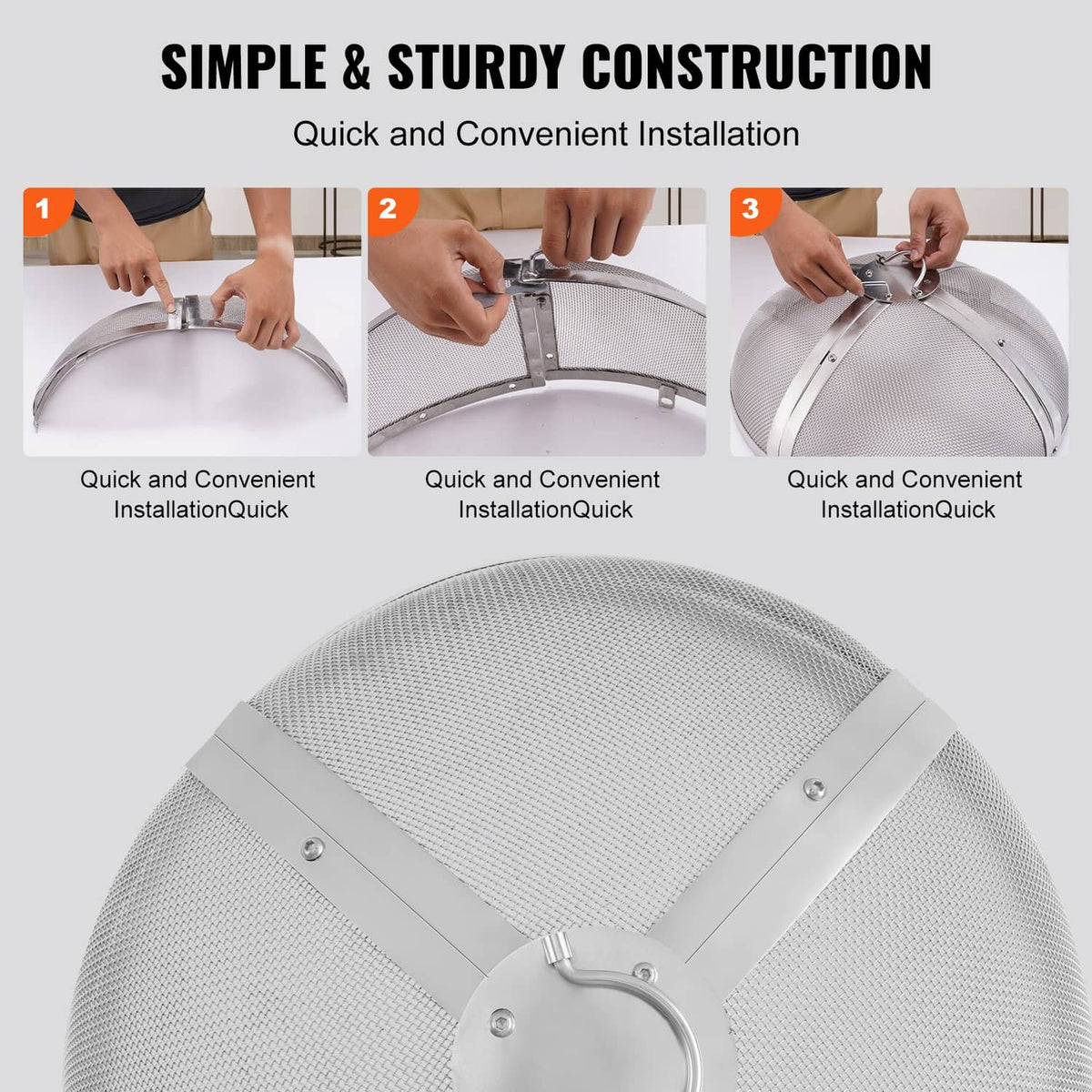 Round stainless steel firepit spark screen cover with cross straps and mesh dome