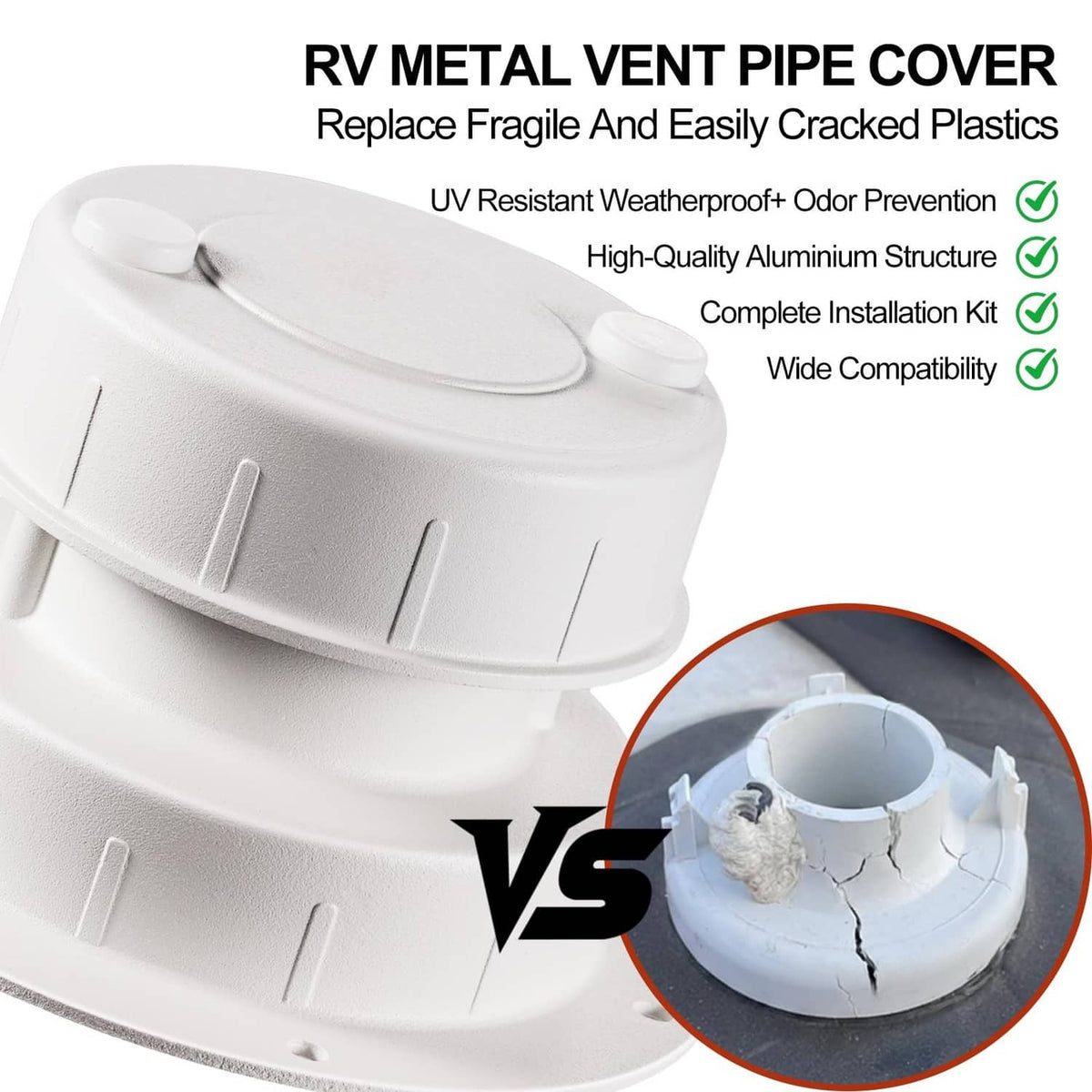White RV metal vent pipe cover with wide top cap and side mounting base