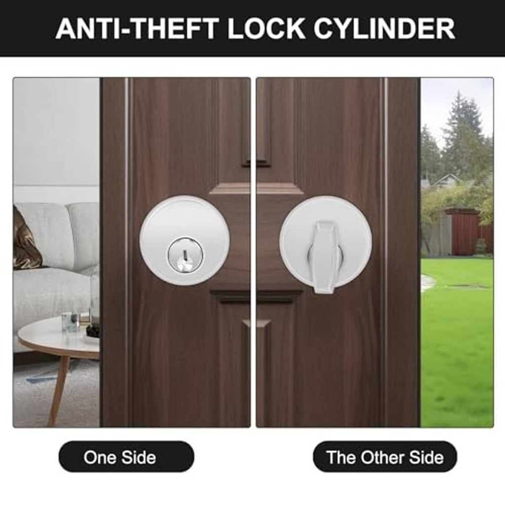 Oval silver mortise lock cylinder with brass edge and keyed thumb turn.