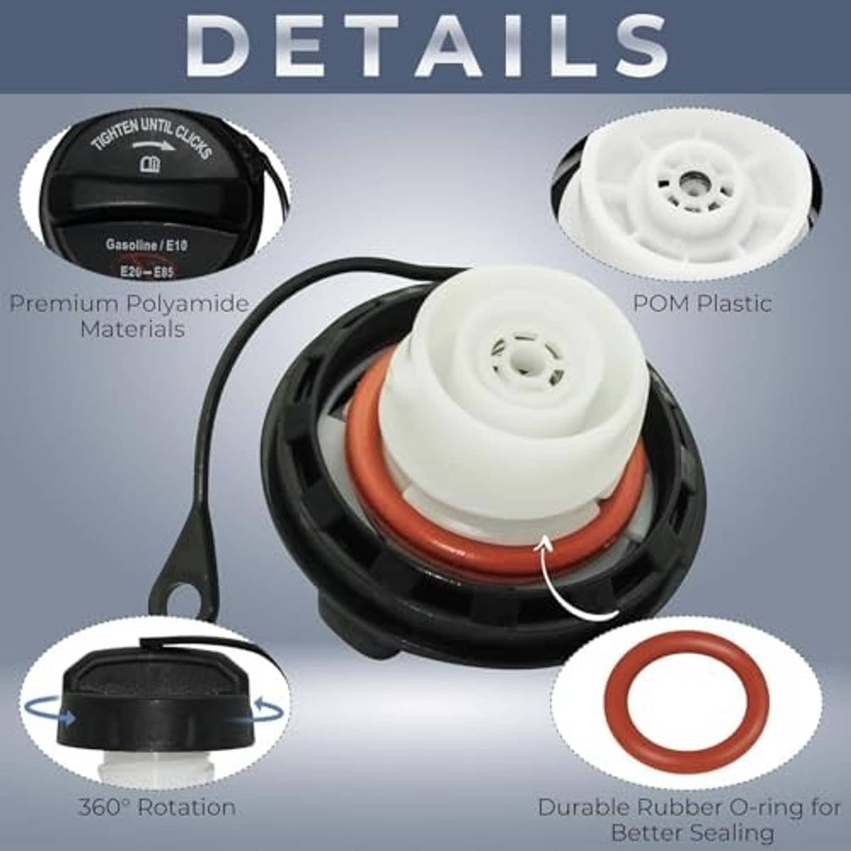 Fuel tank cap assembly with black outer, white insert, red seal, and rubber O-ring